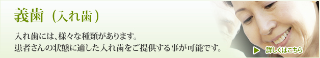 義歯(入れ歯)入れ歯にはさまざまな種類があります。患者さんの状態に適した入れ歯をご提供することが可能です。